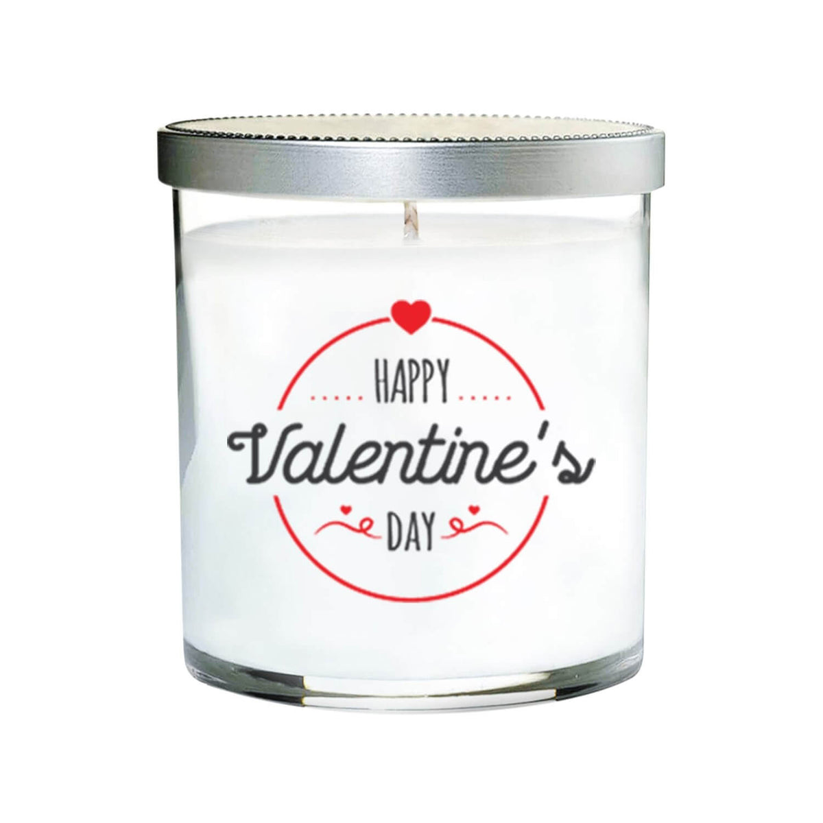 The Happy Valentine’s Day Quote Candle comes in a clear tumbler glass with a silver lid and a festive “Happy Valentine’s Day” label featuring black and red text with heart accents—ideal for gifting or brightening your space.