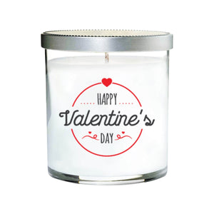 The Happy Valentine’s Day Quote Candle comes in a clear tumbler glass with a silver lid and a festive “Happy Valentine’s Day” label featuring black and red text with heart accents—ideal for gifting or brightening your space.