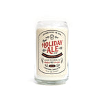 The Light Holiday Ale Candle is a hand poured 16 oz natural soy candle in a glass jar, featuring a vintage-style "Holiday Ale" design on the front.