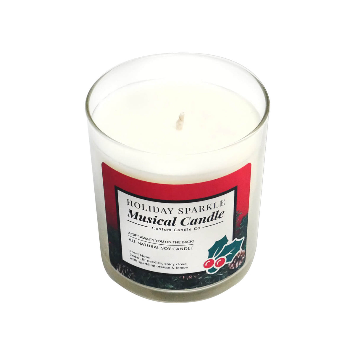 The Musical Holiday Candle – Holiday Sparkle is a white soy candle in a clear glass jar with a festive red label and holiday decorations, offering delightful music and aroma for a cheerful Christmas atmosphere.
