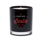 The I Love You Bestie Quote Candle (Black tumbler glass) features "I LOVE YOU Bestie" and heart designs on the front, making it a thoughtful soy candle gift for your best friend.