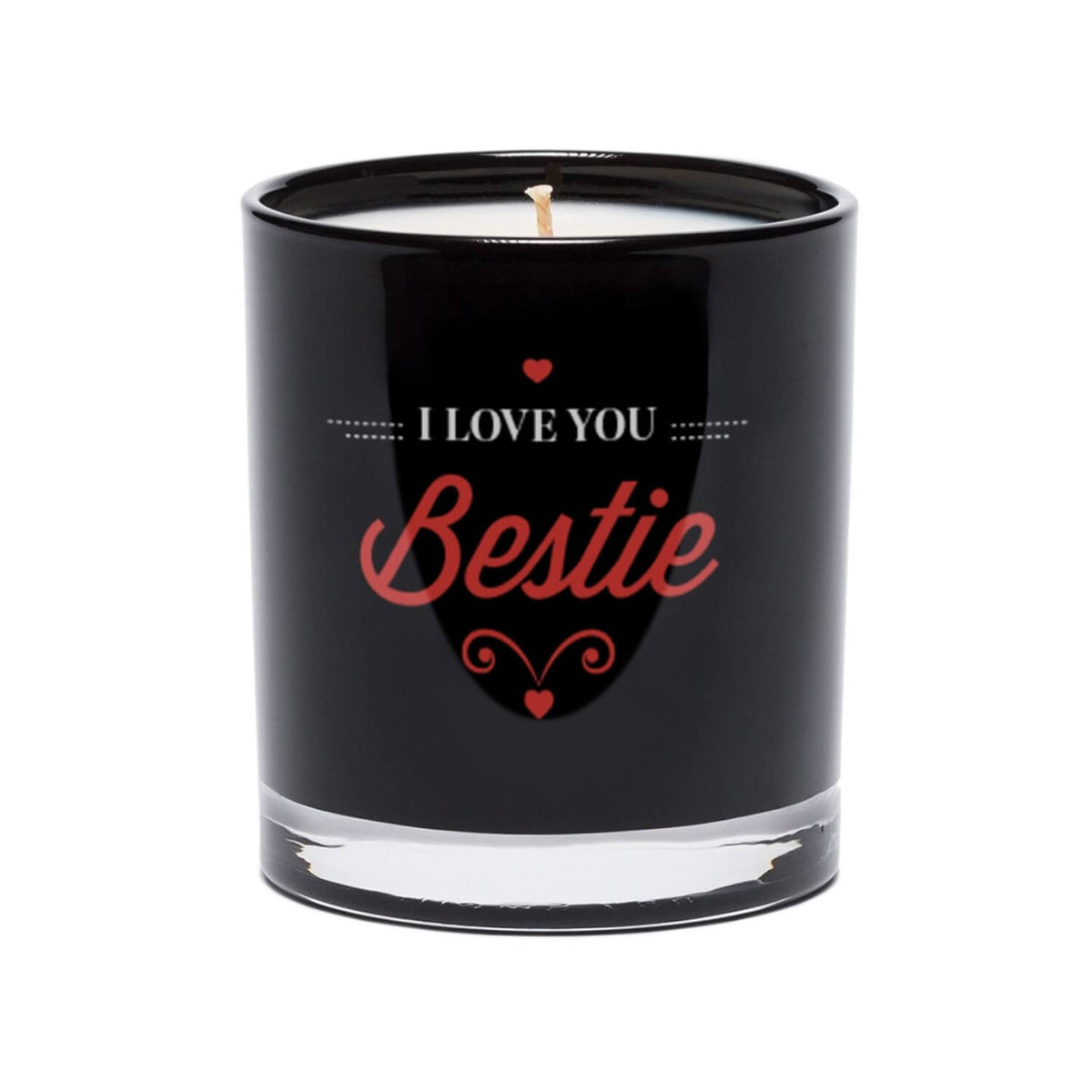 The I Love You Bestie Quote Candle (Black tumbler glass) features "I LOVE YOU Bestie" and heart designs on the front, making it a thoughtful soy candle gift for your best friend.