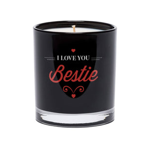 The I Love You Bestie Quote Candle (Black tumbler glass) features "I LOVE YOU Bestie" and heart designs on the front, making it a thoughtful soy candle gift for your best friend.