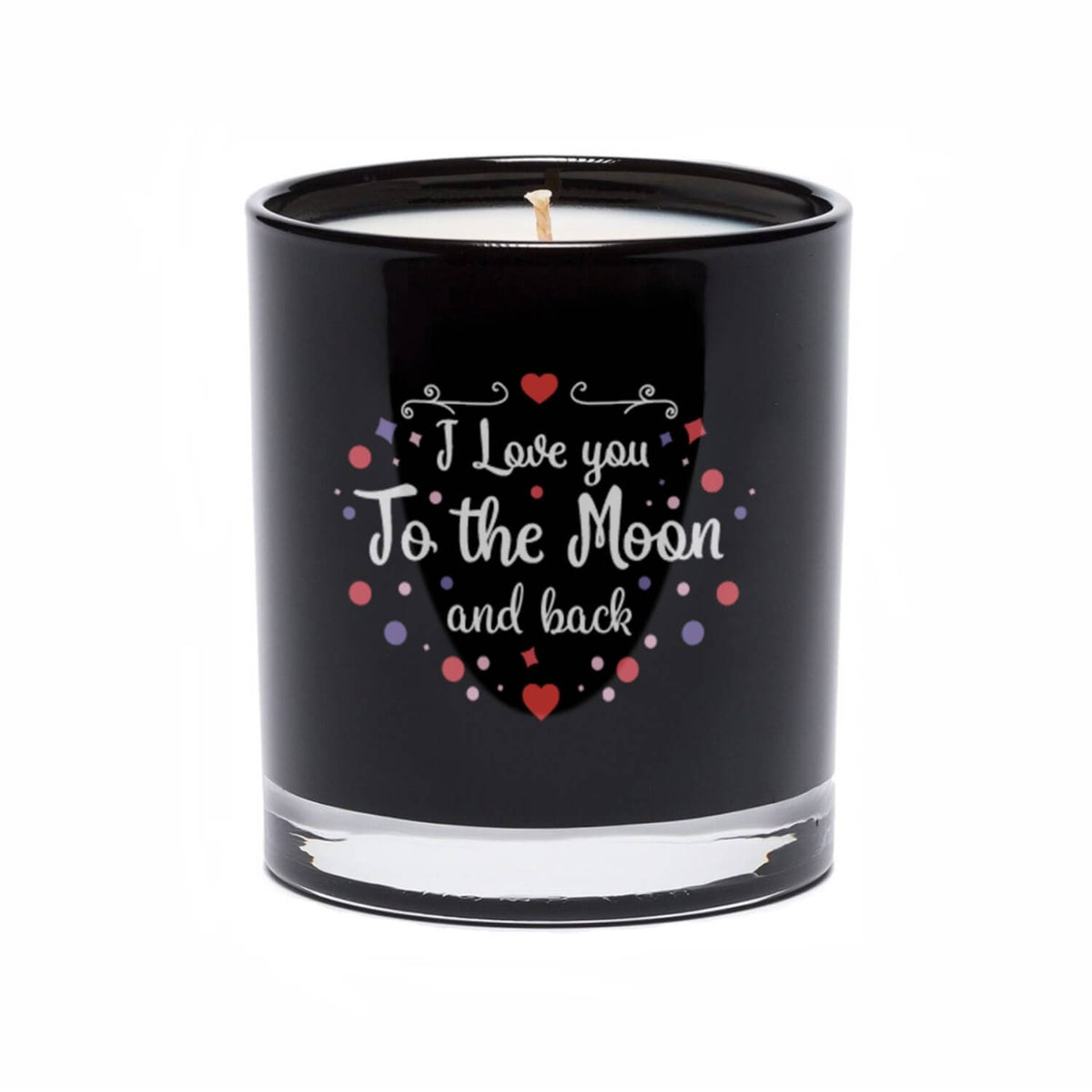 The "I Love You to the Moon and back" Quote Candle comes in a black tumbler glass, featuring white text and decorative accents in red, purple, and pink.