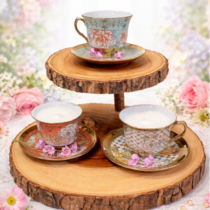 Floral Teacup Candles made with soy wax are displayed on a two-tiered wooden stand, surrounded by pink flowers and petals, creating charming vintage candle décor.