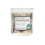 The Musical Holiday Candle – Jack Frost is a clear glass, all-natural soy candle featuring a snowman illustration, peppermint and vanilla scent, and plays music for a festive holiday touch.