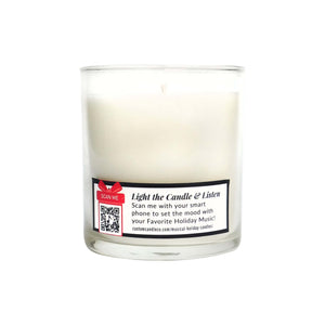 The Musical Holiday Candle – Balsam Fir comes in a clear glass jar with a label featuring a QR code. Scan the code for holiday music instructions.