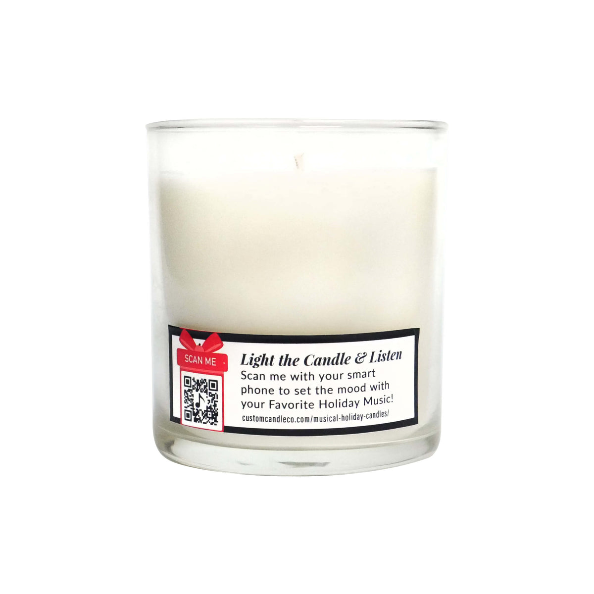 The Musical Holiday Candle – Jack Frost is a white soy candle in a clear glass jar with a QR code label that lets you scan and listen to holiday music—ideal for fans of festive scented candles.