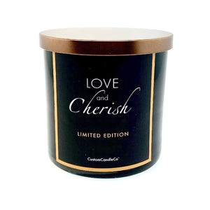 The Love and Cherish Limited Edition tumbler jar candle features a black jar with a copper lid and label, hand poured from soy wax for a clean burn by CustomCandleCo.