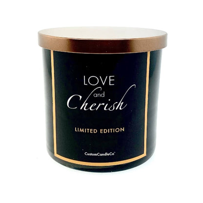 The Love and Cherish Limited Edition tumbler jar candle features a black jar with a copper lid and label, hand poured from soy wax for a clean burn by CustomCandleCo.