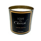 The "Love and Cherish Limited Edition" tumbler jar candle by Custom Candle Co. is a hand-poured black candle with white soy wax and a single wick—perfect for any occasion.