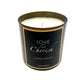 A black tumbler jar candle labeled "Love and Cherish Limited Edition" from CustomCandleCo, hand-poured and shown on a white background.