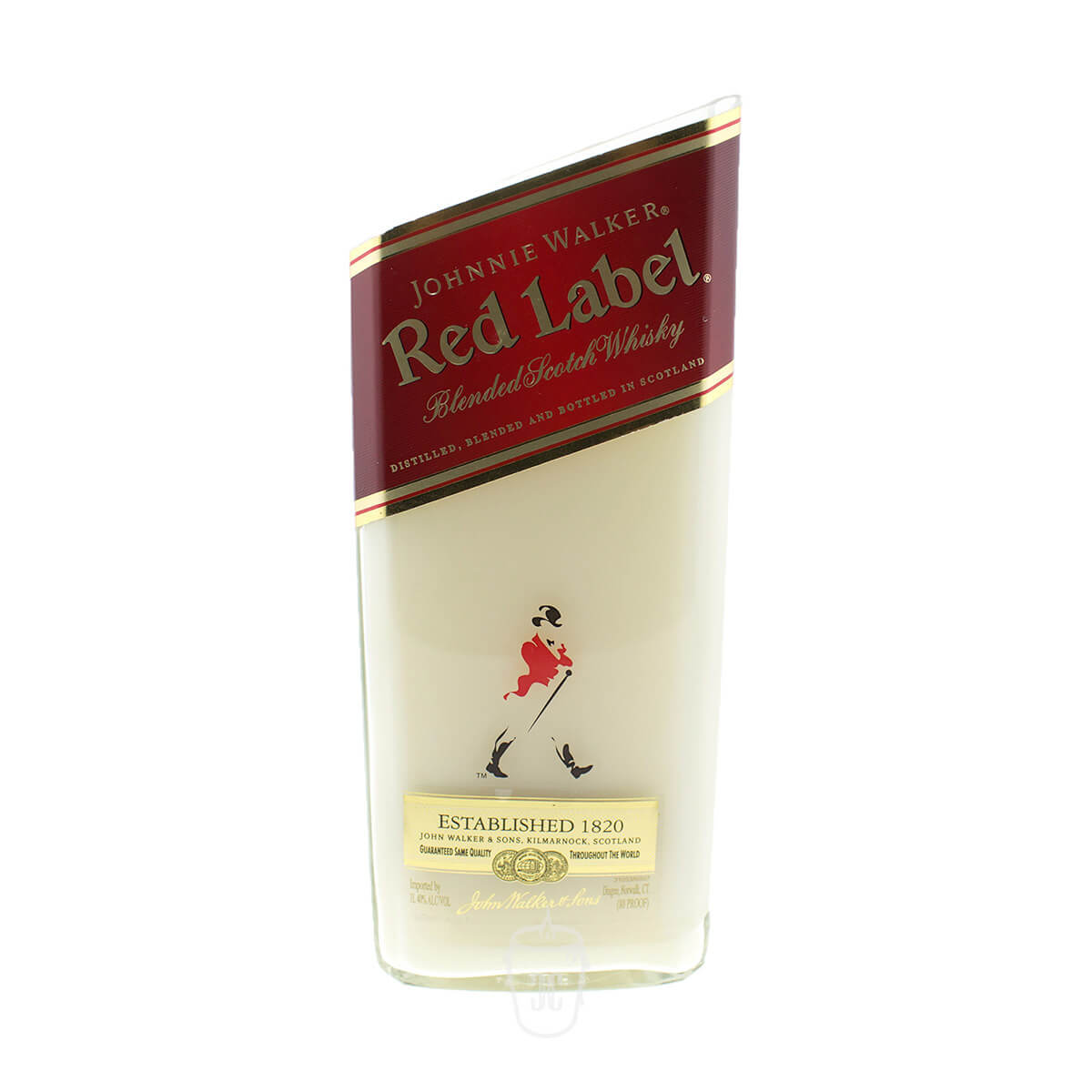 The Recycled Red Label Whiskey Candle is crafted from an upcycled Johnnie Walker Red Label bottle, featuring the iconic red label, gold accents, and walking man logo.