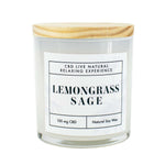 The LEMONGRASS SAGE Relaxing Aromatherapy Candle 11oz is made from natural soy wax, features a wooden lid, contains 100mg CBD, and is perfect for soothing CBD aromatherapy.