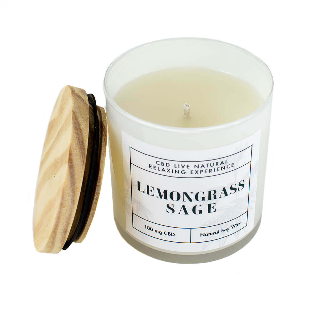 The LEMONGRASS SAGE Relaxing Aromatherapy Candle 11oz features natural soy wax, 100 mg CBD, and comes in a glass jar with a wooden lid—perfect for soothing moments of relaxation.