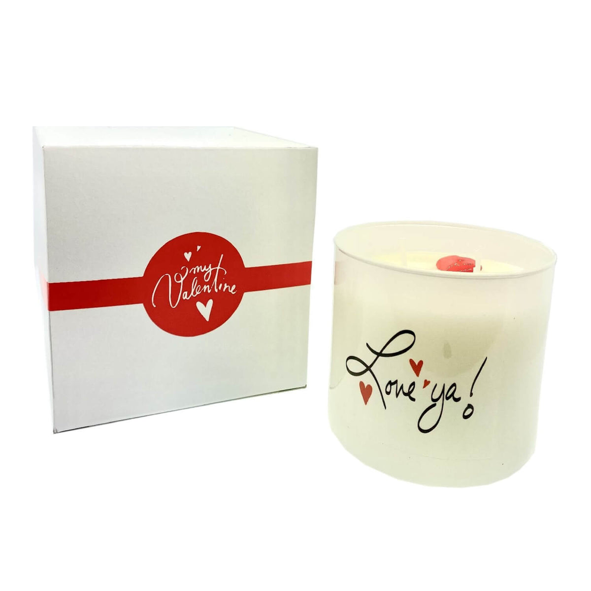 A Love ya Quote Candle in a frosted tumbler jar with "Love ya!" and red hearts sits beside a white gift box featuring a red band and “my Valentine” text.