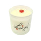 The Love ya Quote Candle comes in a frosted tumbler jar, hand poured with white soy wax. It features "Love ya!" and red hearts printed on the glass, plus a small red heart decoration on top.