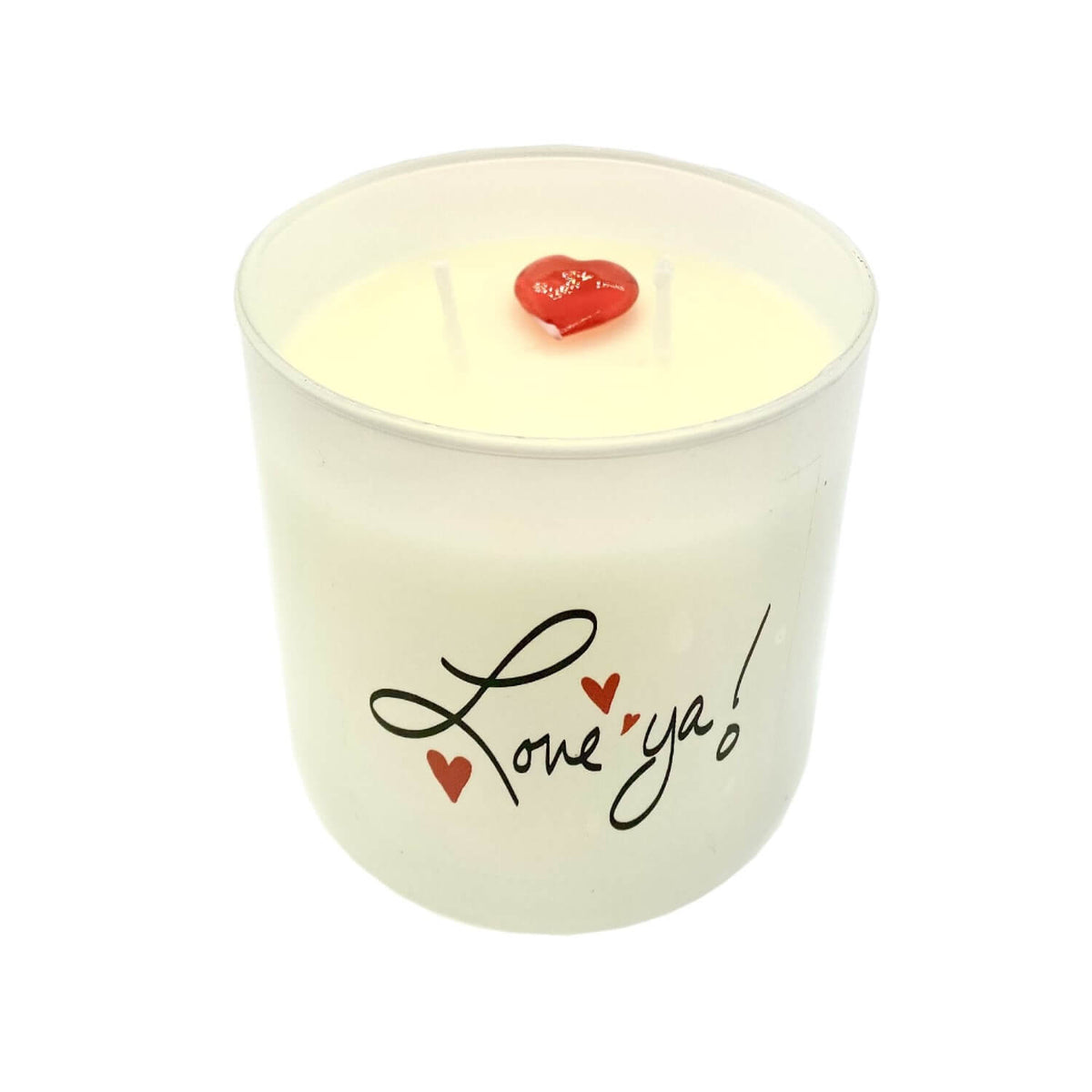 The Love ya Quote Candle comes in a frosted tumbler jar, hand poured with white soy wax. It features "Love ya!" and red hearts printed on the glass, plus a small red heart decoration on top.