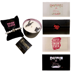 The Mother’s Day Gift Box features a lavender candle with dried flowers, a beaded bracelet on a pillow, and five decorative rectangular boxes—creating the perfect custom candle gift set.