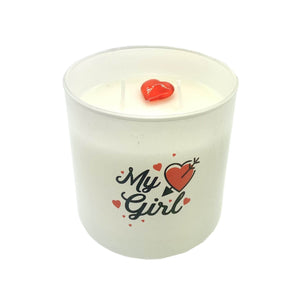 The My Girl Quote Candle (Frosted tumbler jar) is a hand-poured soy candle in a glass holder, printed with "My Girl" and a heart, topped with a red lips-shaped decoration—a charming and heartfelt gift.