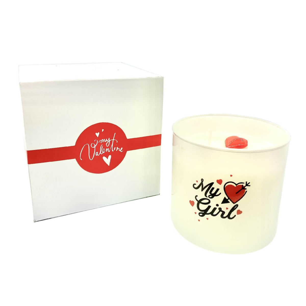 A white soy wax My Girl Quote Candle in a frosted tumbler jar with a heart design, paired with a white box featuring a red "my Valentine" label and heart graphic—a lovely gift for your special someone.