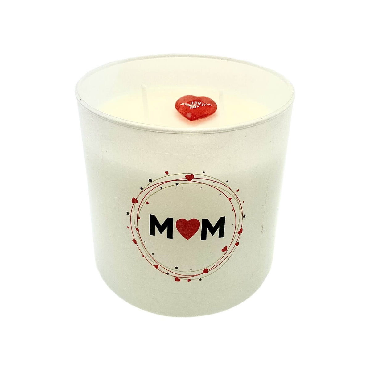 The Mom Quote Candle (Frosted tumbler jar) is a hand-poured soy wax candle with a heart on top, making it a thoughtful gift.