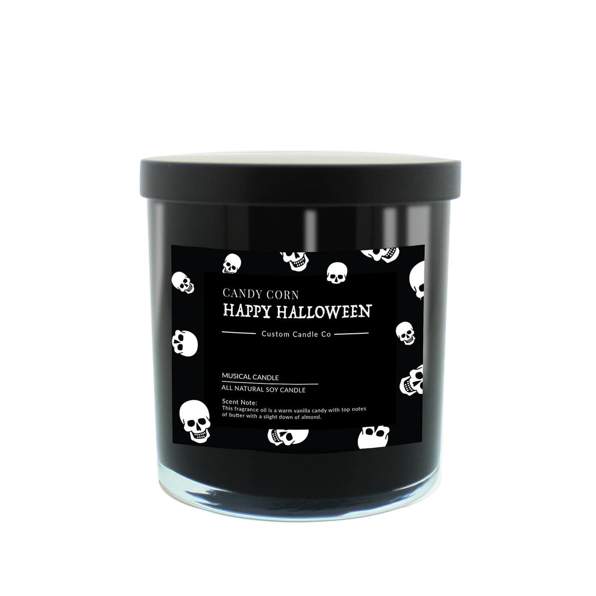 The Musical Halloween Candle – Candy Corn Black is a soy candle in a black jar with a black lid, featuring a label with white skulls and "Candy Corn Happy Halloween Custom Candle Co." text, set against a white background.