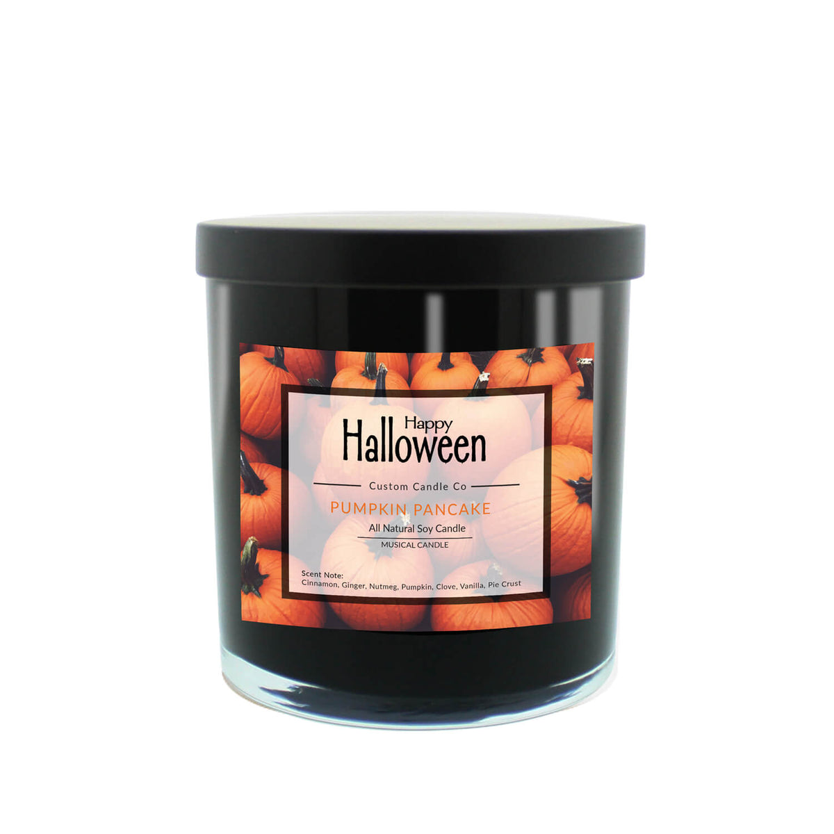 A Musical Halloween Candle – Pumpkin Pancake, in a black jar with a pumpkin-themed label that says "Happy Halloween" and "Pumpkin Pancake All Natural Soy Candle.