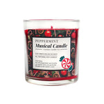 The Musical Holiday Candle – Peppermint is an all-natural soy candle in a festive jar with red wax, featuring peppermint and cypress scents. Part of our scented holiday candles collection.