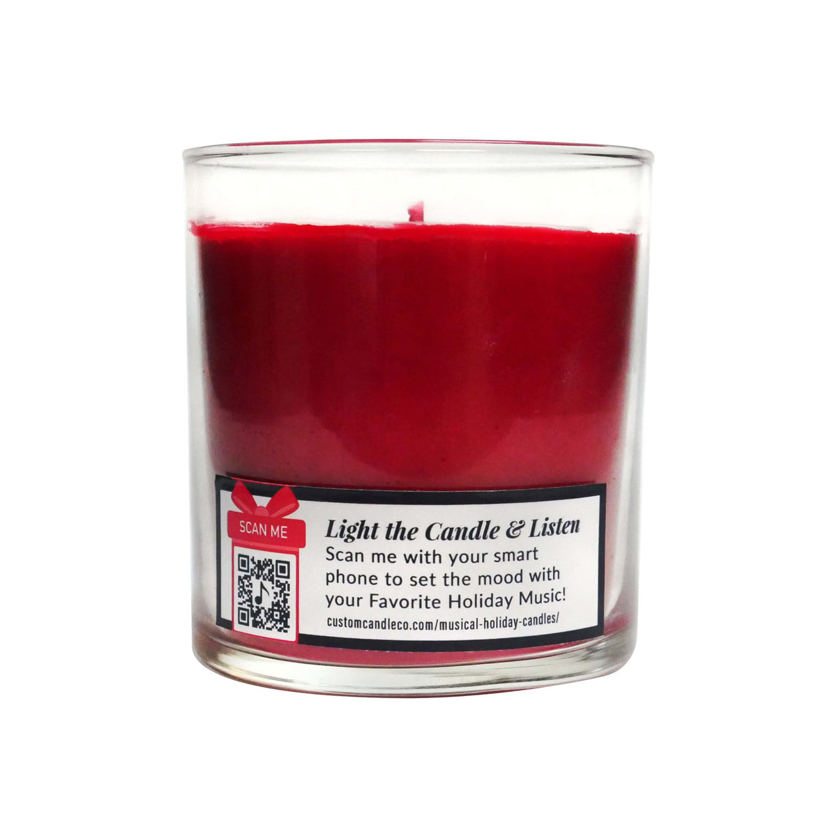 The Musical Holiday Candle – Peppermint is a red soy candle in a clear glass with a label sporting a QR code; scan it to enjoy your favorite holiday music—ideal for fans of musical Christmas candles.