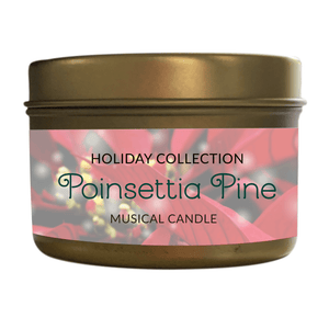 The Musical Holiday Candle – Poinsettia Pine features festive soy wax in a gold tin with a poinsettia design, making it the perfect holiday-scented candle for anyone who loves seasonal scents and musical ambiance.