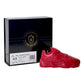 The Y500 – Red Sneaker Candle – Large (On Backorder), scented with Black Ice, is shown next to a black "Custom Candle Co. Natural Soy Candle" box, featuring a size label: US 6.5 / EU 38.5 / UK 5.5.