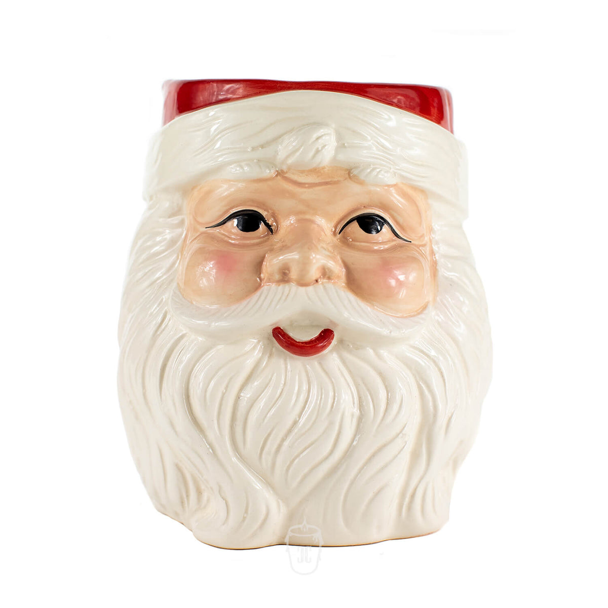 The Santa Claus Holiday Candle is a hand-poured soy candle in a ceramic mug shaped like Santa's face, with a red hat, white beard, and rosy cheeks, displayed against a plain white background.