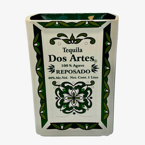 The Recycled Ceramic Tequila Candle – Flat Cut transforms a rectangular Dos Artes Reposado Tequila bottle (1L, 40% Alc.Vol., green and black floral design) into a unique candle holder or tequila bottle candle.